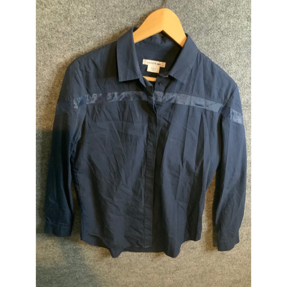 Lacoste Womens Navy Blue Long Sleeve Button Down Shirt Satin Trim Size 36